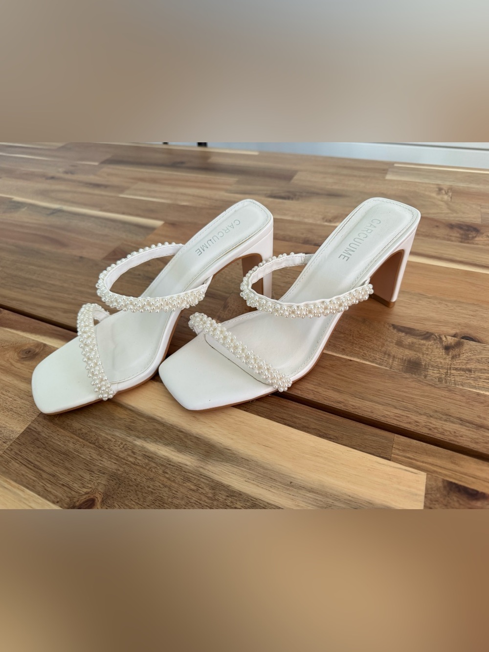 White Pearl-Strap Block Heel Sandals